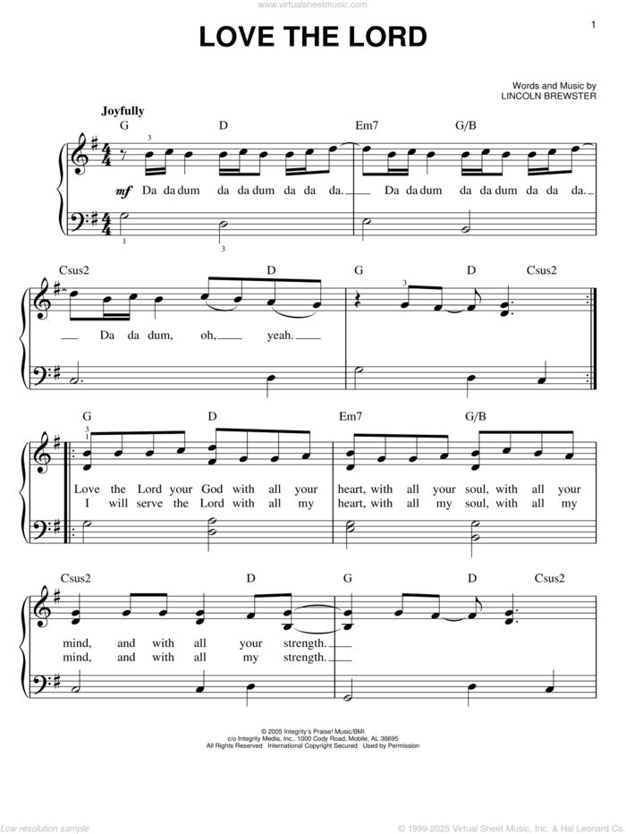 Love The Lord sheet music for piano solo by Lincoln Brewster, easy skill level