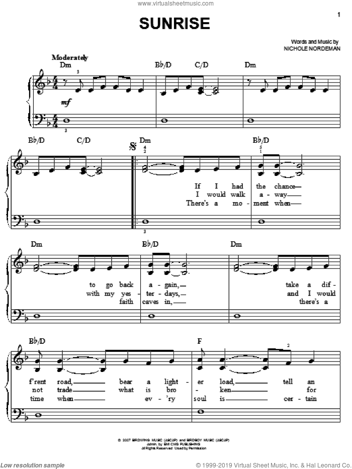 Sunrise sheet music for piano solo by Nichole Nordeman, easy skill level