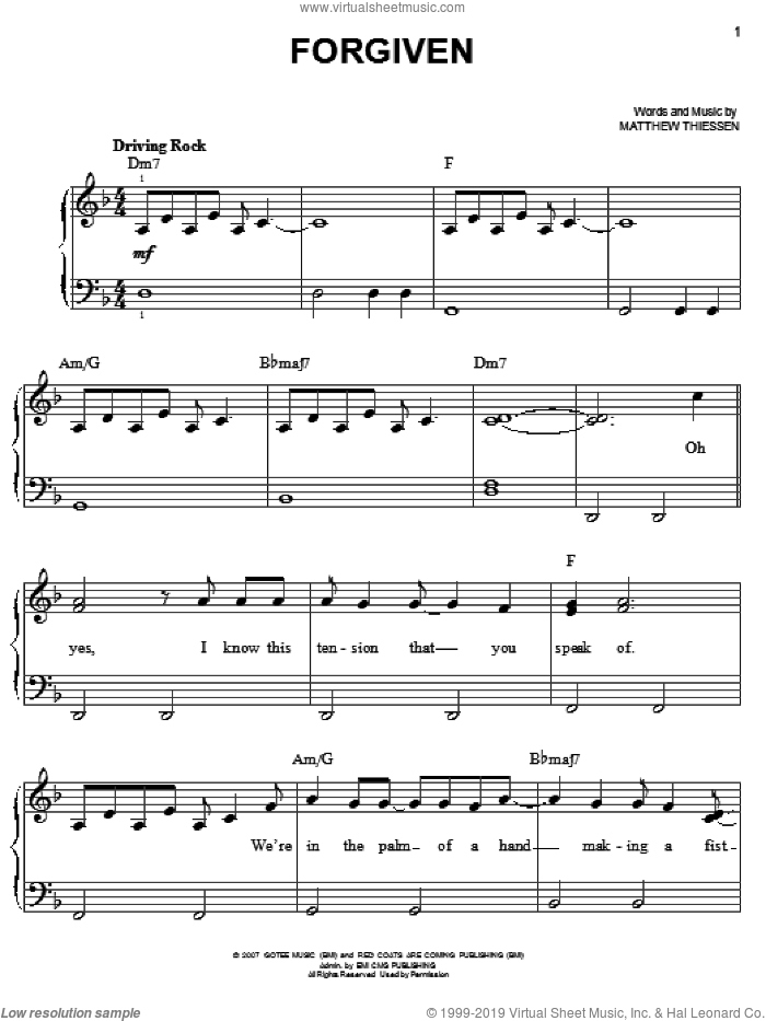 Forgiven sheet music for piano solo by Relient K and Matthew Thiessen, easy skill level