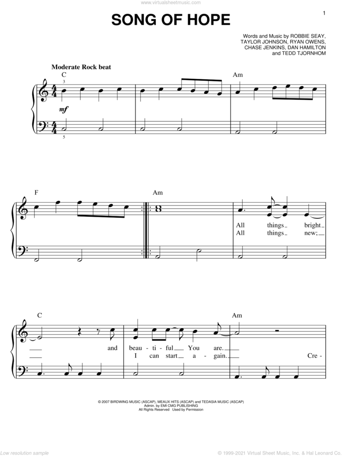 Song Of Hope sheet music for piano solo by Robbie Seay Band, Chase Jenkins, Dan Hamilton, Robbie Seay, Ryan Owens, Taylor Johnson and Tedd Tjornhom, easy skill level