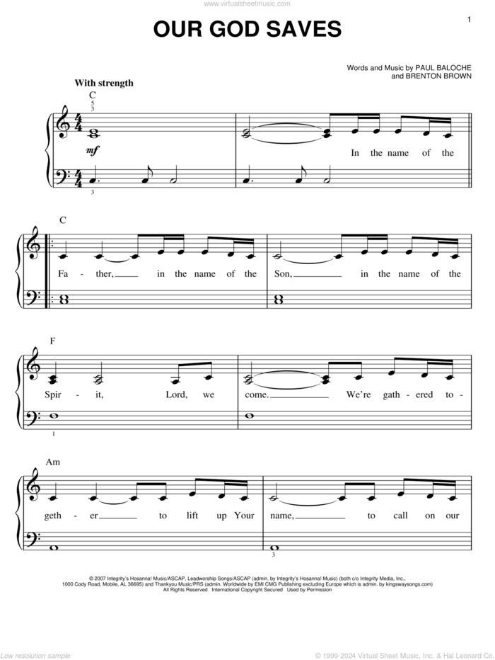 Our God Saves sheet music for piano solo by Paul Baloche and Brenton Brown, easy skill level