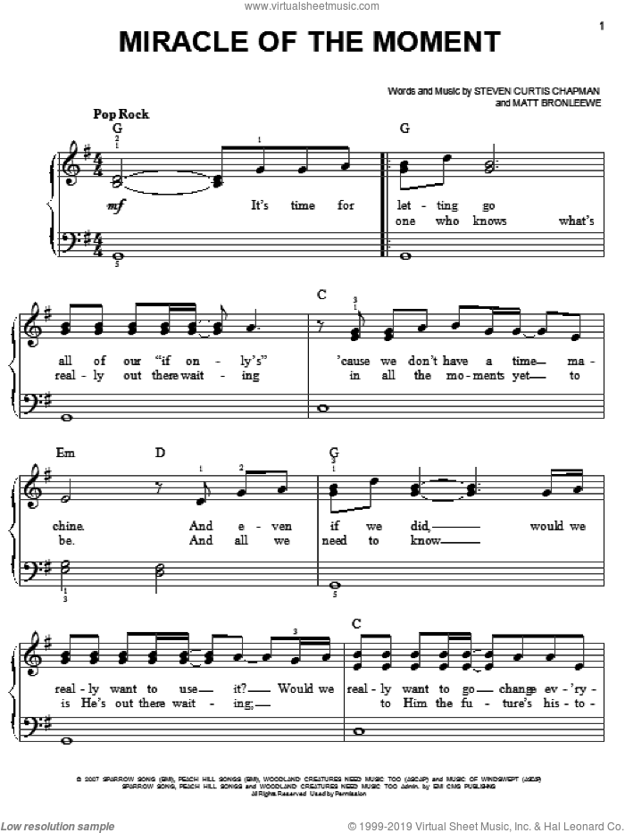 Miracle Of The Moment sheet music for piano solo by Steven Curtis Chapman and Matt Bronleewe, easy skill level