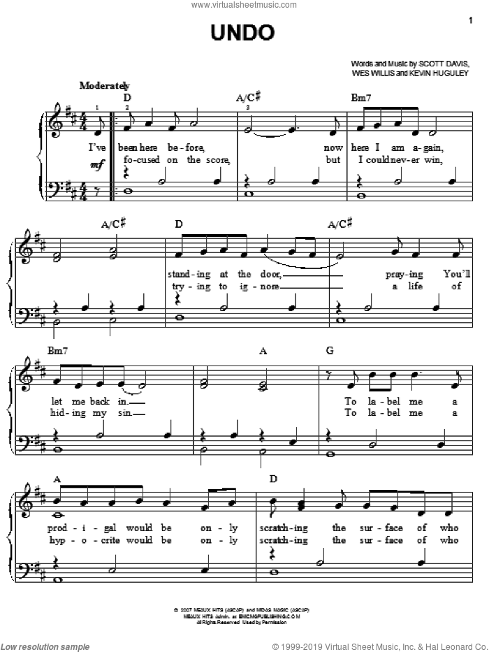 Undo sheet music for piano solo by Rush Of Fools, Kevin Huguley, Scott Davis and Wes Willis, easy skill level