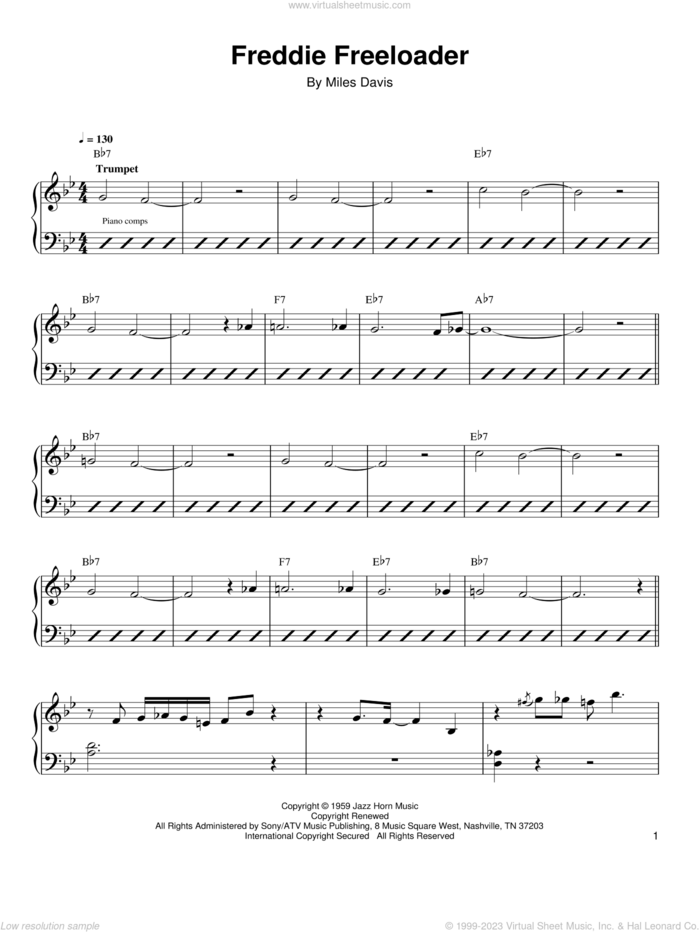 Freddie Freeloader sheet music for piano solo by Wynton Kelly and Miles Davis, intermediate skill level