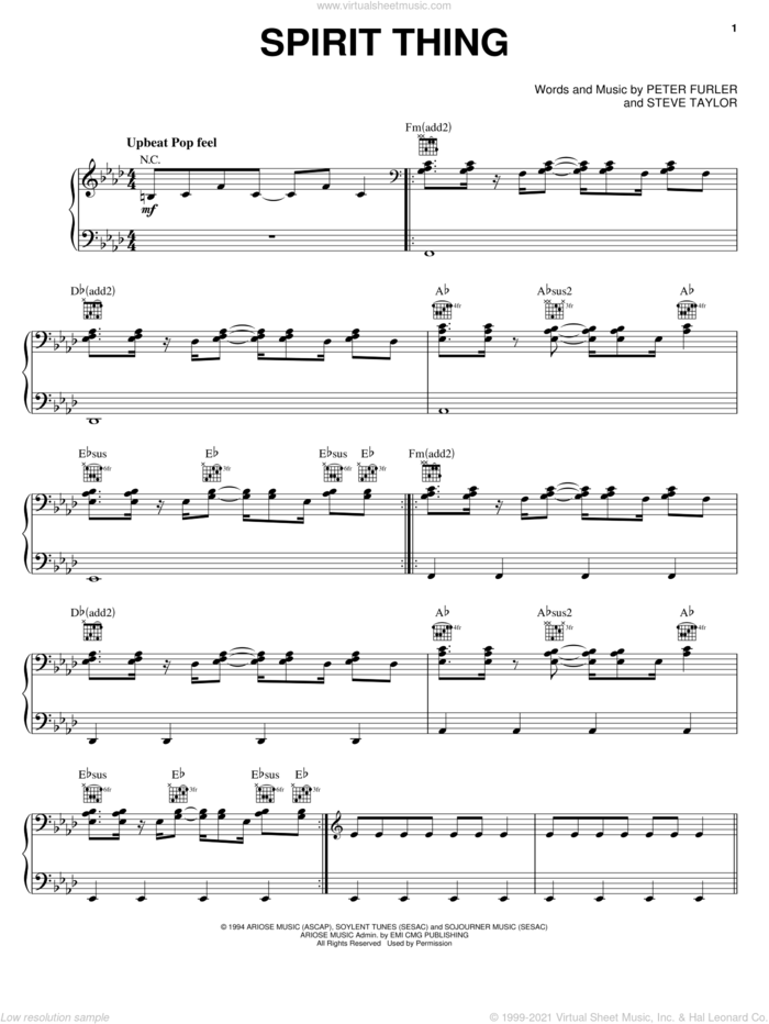 Spirit Thing sheet music for voice, piano or guitar by Newsboys, Peter Furler and Steve Taylor, intermediate skill level
