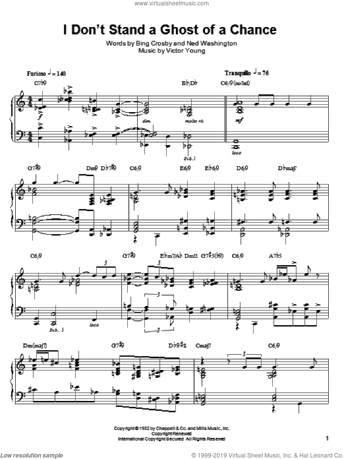 I Don't Stand A Ghost Of A Chance sheet music for piano solo by Lennie Tristano, Art Tatum, Oscar Peterson, Bing Crosby, Ned Washington and Victor Young, intermediate skill level