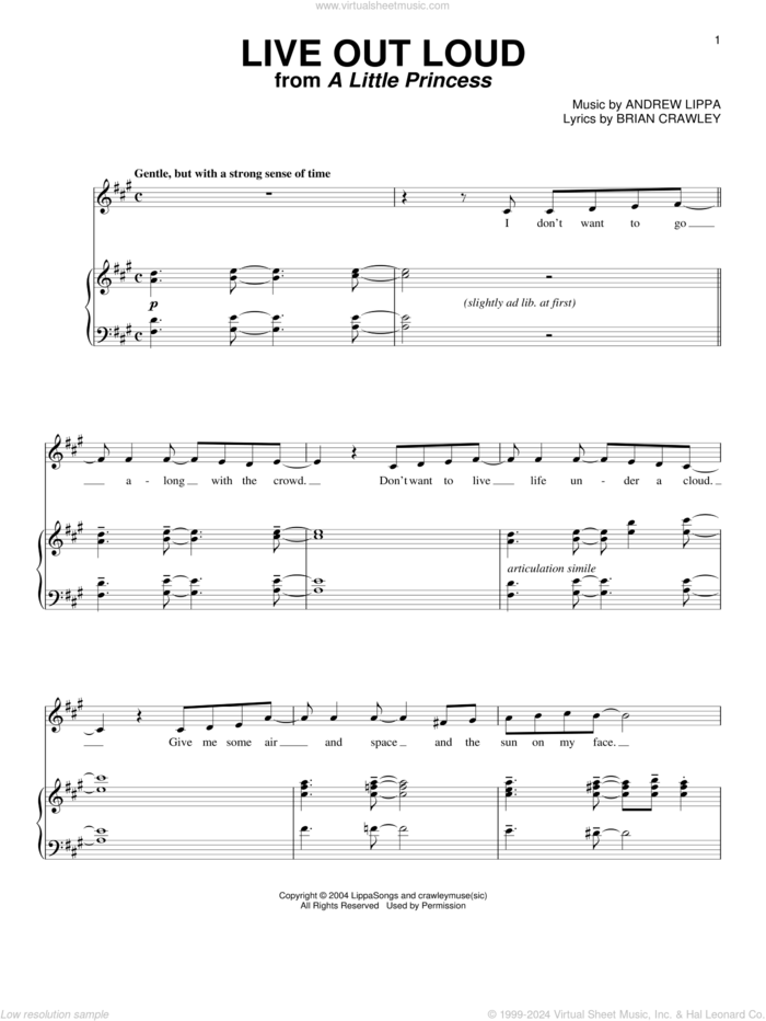 Live Out Loud sheet music for voice and piano by Andrew Lippa and Brian Crawley, intermediate skill level