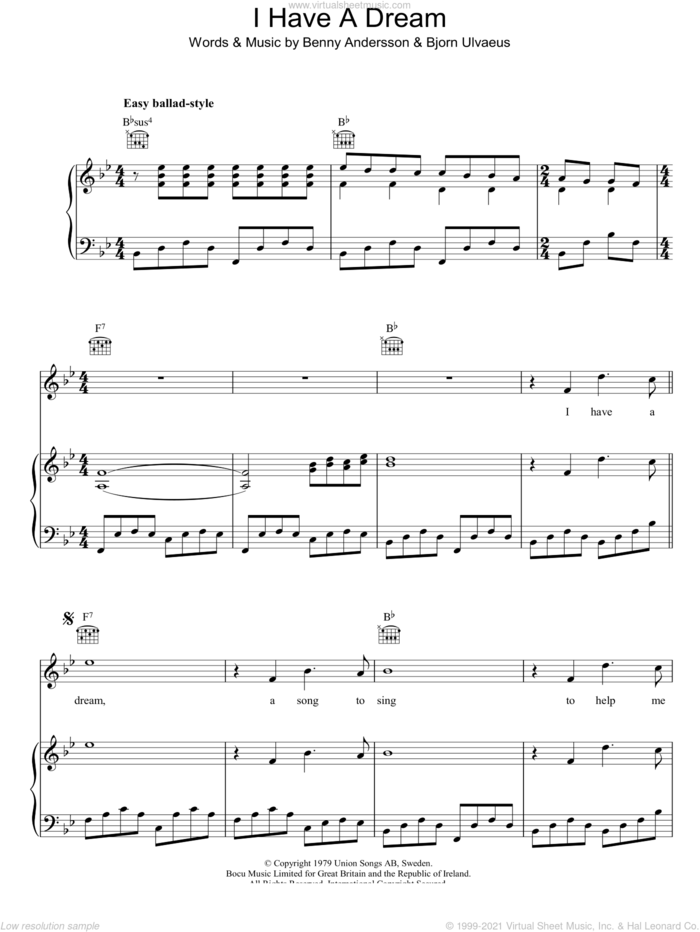 I Have A Dream (from Mamma Mia!) sheet music for voice, piano or guitar by ABBA, Benny Andersson and Bjorn Ulvaeus, intermediate skill level