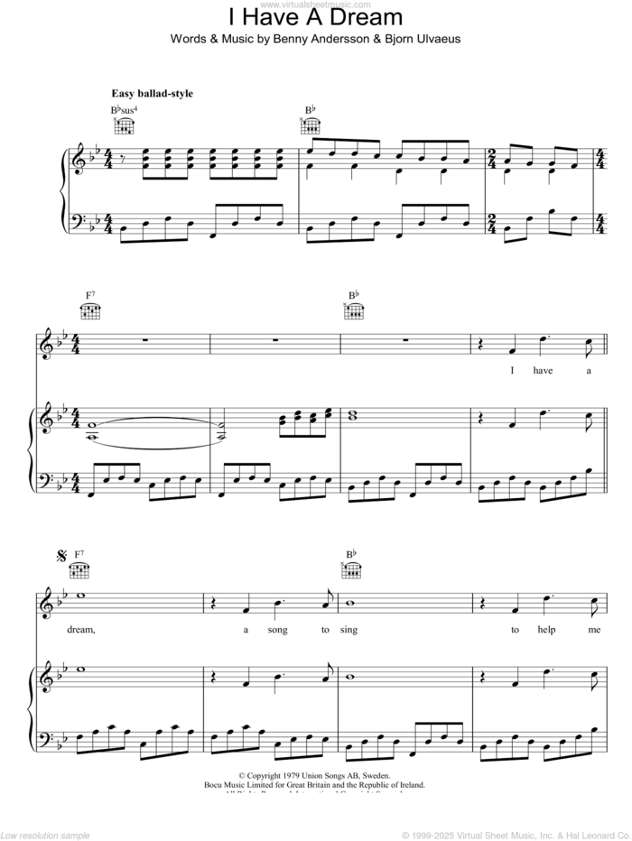 I Have A Dream (from Mamma Mia!) sheet music for voice, piano or guitar by ABBA, Benny Andersson and Bjorn Ulvaeus, intermediate skill level