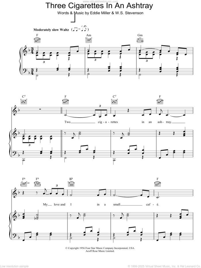 Three Cigarettes In An Ashtray sheet music for voice, piano or guitar by Patsy Cline, Eddie Miller and William Stevenson, intermediate skill level