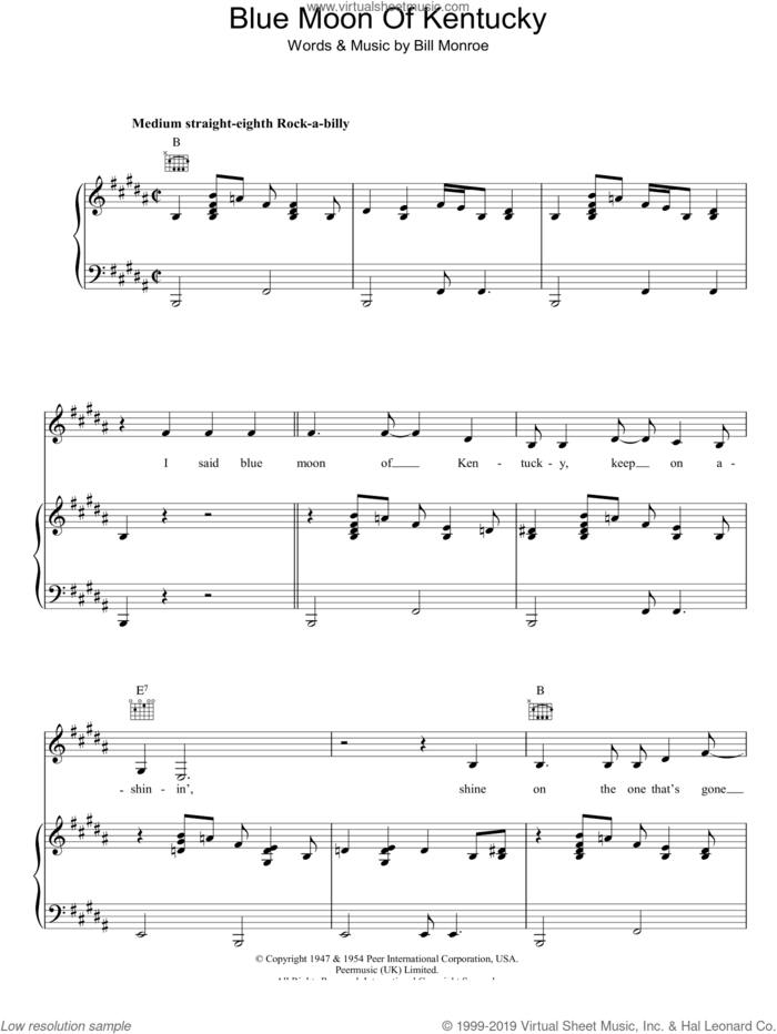 Blue Moon Of Kentucky sheet music for voice, piano or guitar by Bill Monroe and Elvis Presley, intermediate skill level