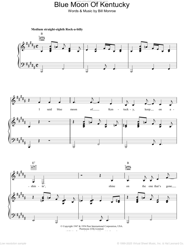 Blue Moon Of Kentucky sheet music for voice, piano or guitar by Bill Monroe and Elvis Presley, intermediate skill level