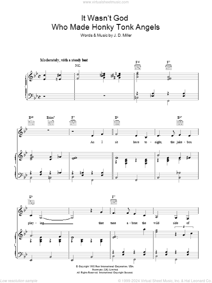 It Wasn't God Who Made Honky Tonk Angels sheet music for voice, piano or guitar by Patsy Cline, Dolly Parton and J.D. Miller, intermediate skill level