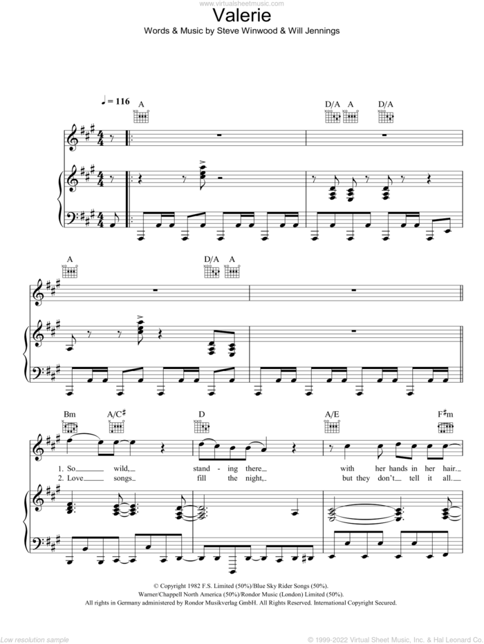 Valerie sheet music for voice, piano or guitar by Steve Winwood and Will Jennings, intermediate skill level
