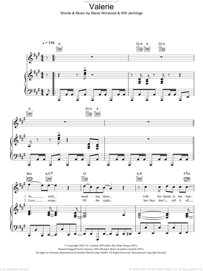 Valerie sheet music for voice, piano or guitar by Steve Winwood and Will Jennings, intermediate skill level