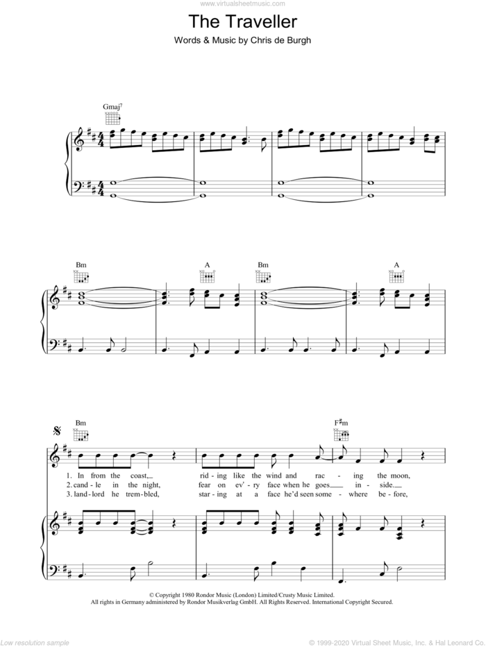 The Traveller sheet music for voice, piano or guitar by Chris de Burgh, intermediate skill level