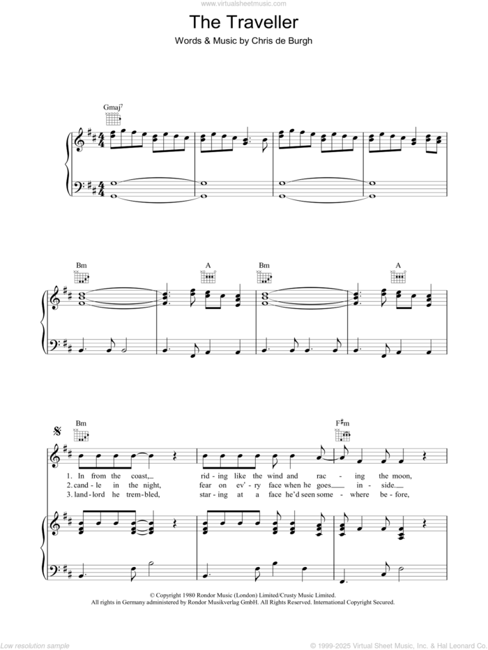 The Traveller sheet music for voice, piano or guitar by Chris de Burgh, intermediate skill level