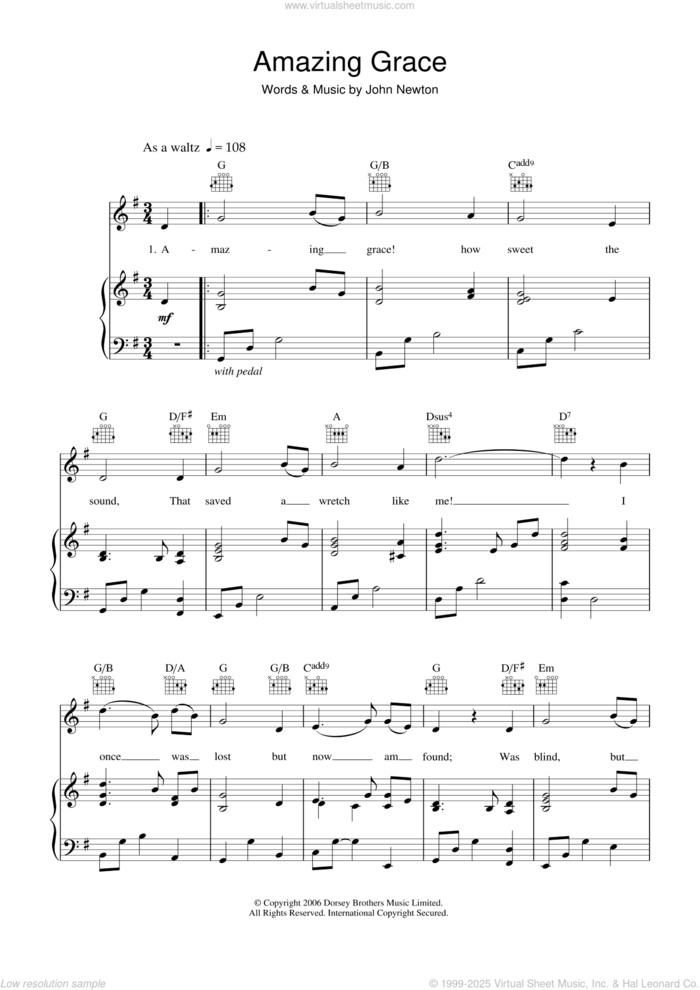 Amazing Grace sheet music for voice, piano or guitar by John Newton and Miscellaneous, intermediate skill level