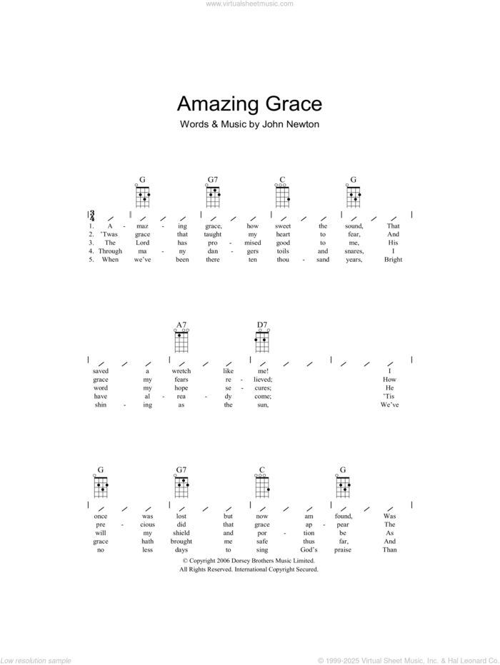 Amazing Grace sheet music for ukulele (chords) by John Newton, intermediate skill level