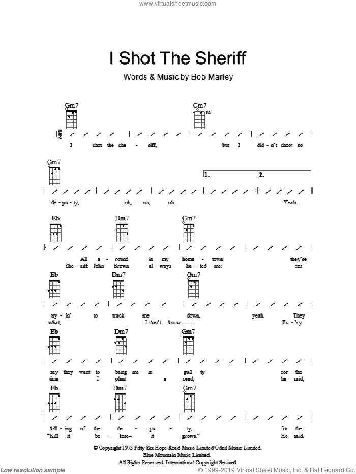 I Shot The Sheriff sheet music for ukulele (chords) by Bob Marley, intermediate skill level