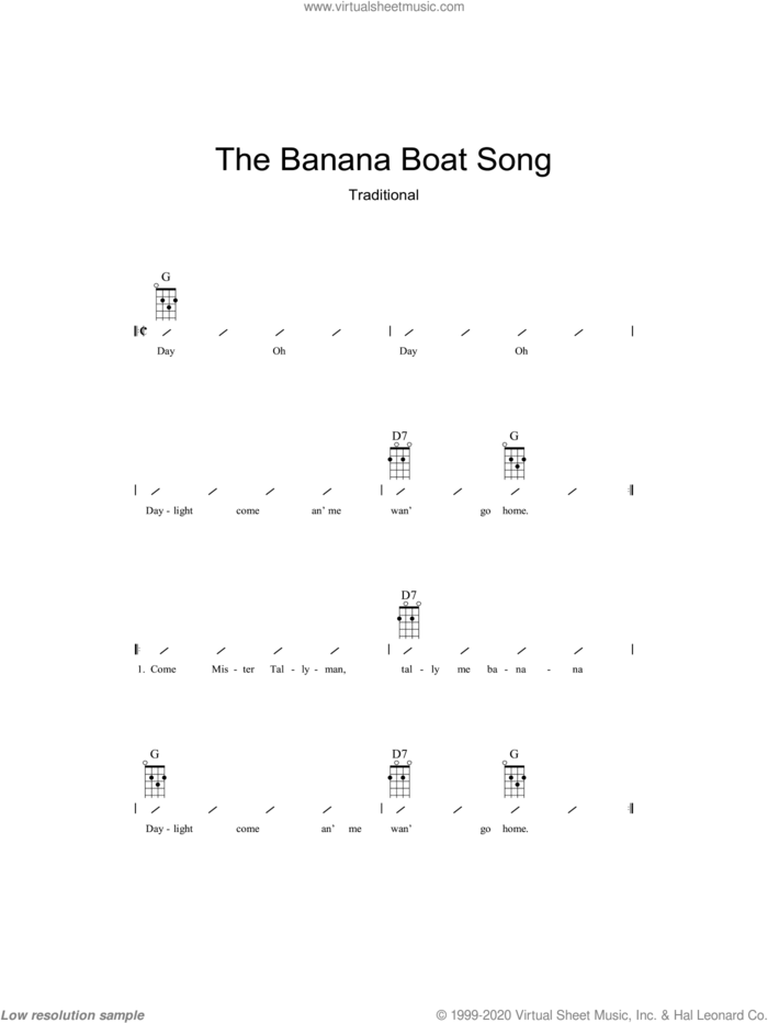 The Banana Boat Song (Day-O) sheet music for ukulele (chords), intermediate skill level
