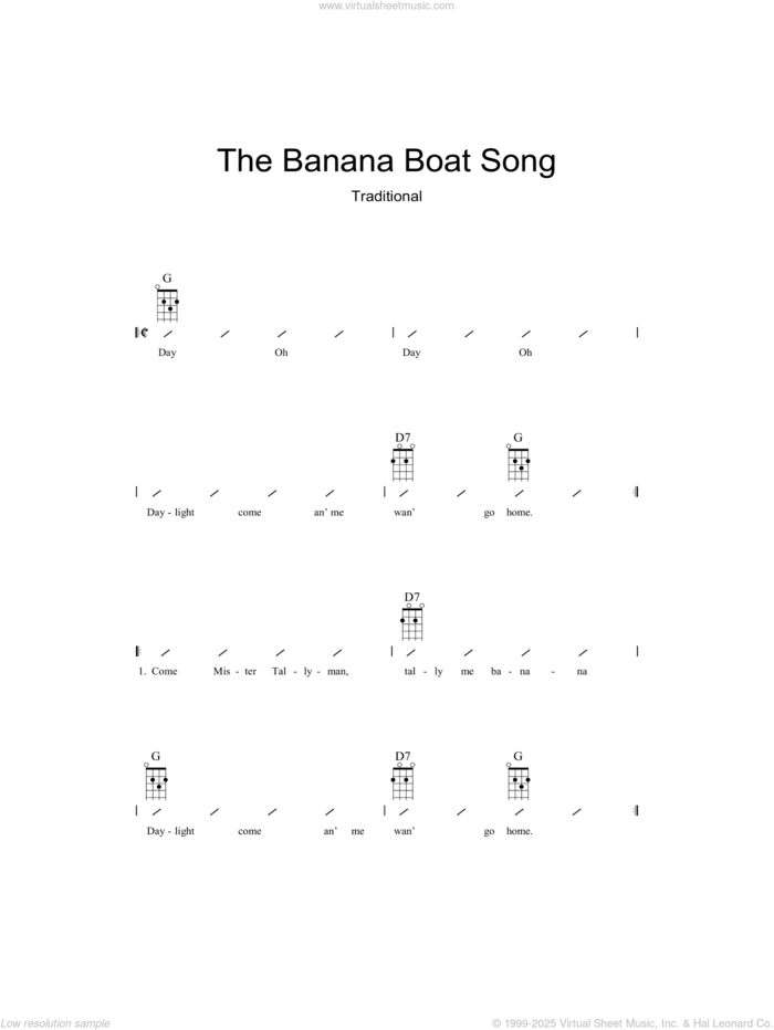 The Banana Boat Song (Day-O) sheet music for ukulele (chords), intermediate skill level