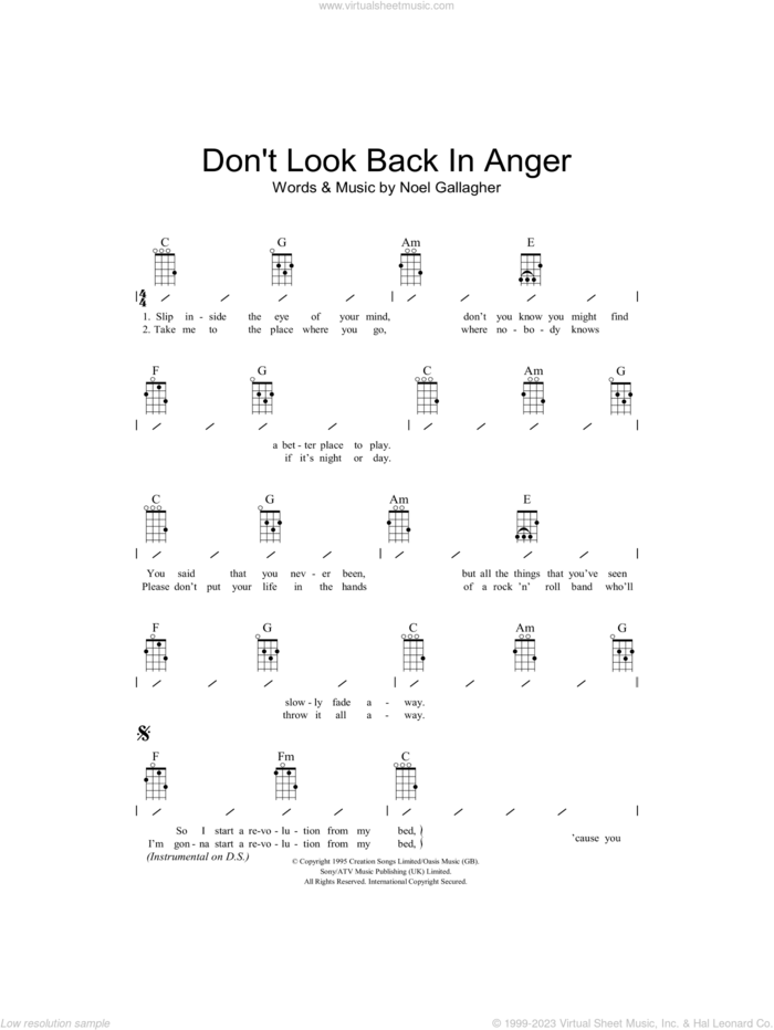 Don't Look Back In Anger sheet music for ukulele (chords) by Oasis and Noel Gallagher, intermediate skill level