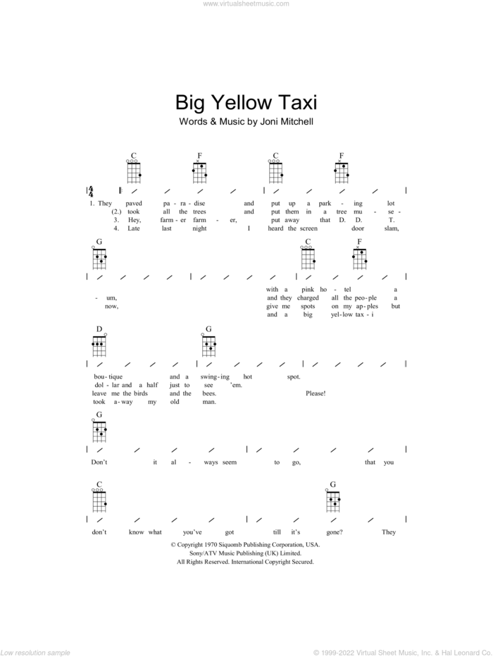 Big Yellow Taxi sheet music for ukulele (chords) by Joni Mitchell, intermediate skill level