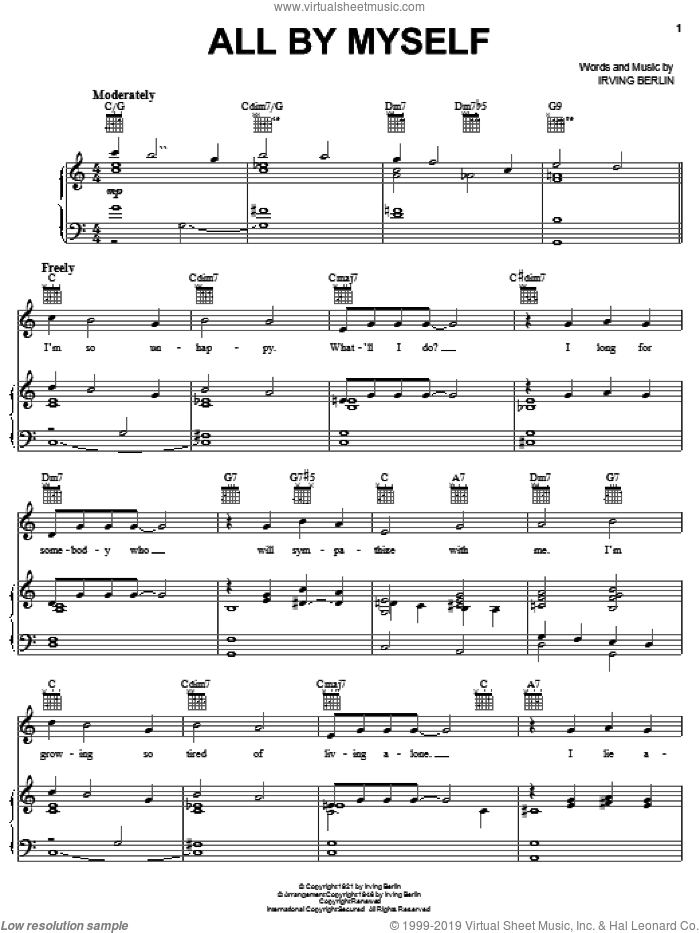 All By Myself sheet music for voice, piano or guitar by Irving Berlin, Bing Crosby, Bobby Darin and Connie Francis, intermediate skill level