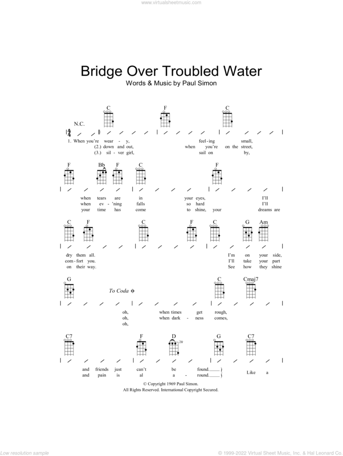 Bridge Over Troubled Water sheet music for ukulele (chords) by Simon & Garfunkel and Paul Simon, wedding score, intermediate skill level