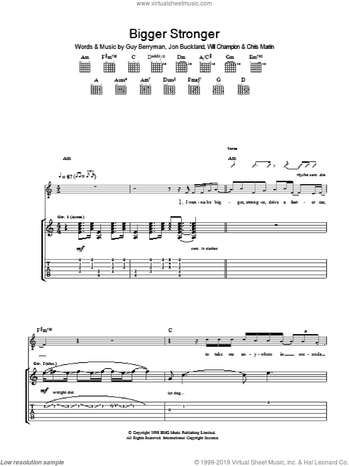 Bigger Stronger sheet music for guitar (tablature) by Coldplay, Chris Martin, Guy Berryman, Jon Buckland and Will Champion, intermediate skill level