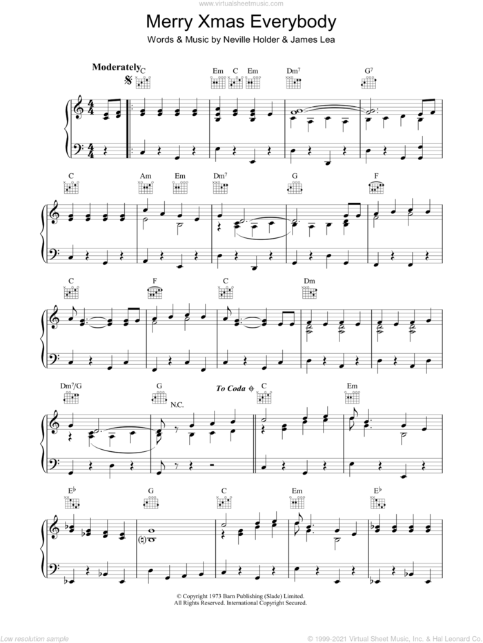Merry Xmas Everybody sheet music for piano solo by Slade, James Lea and Neville Holder, intermediate skill level
