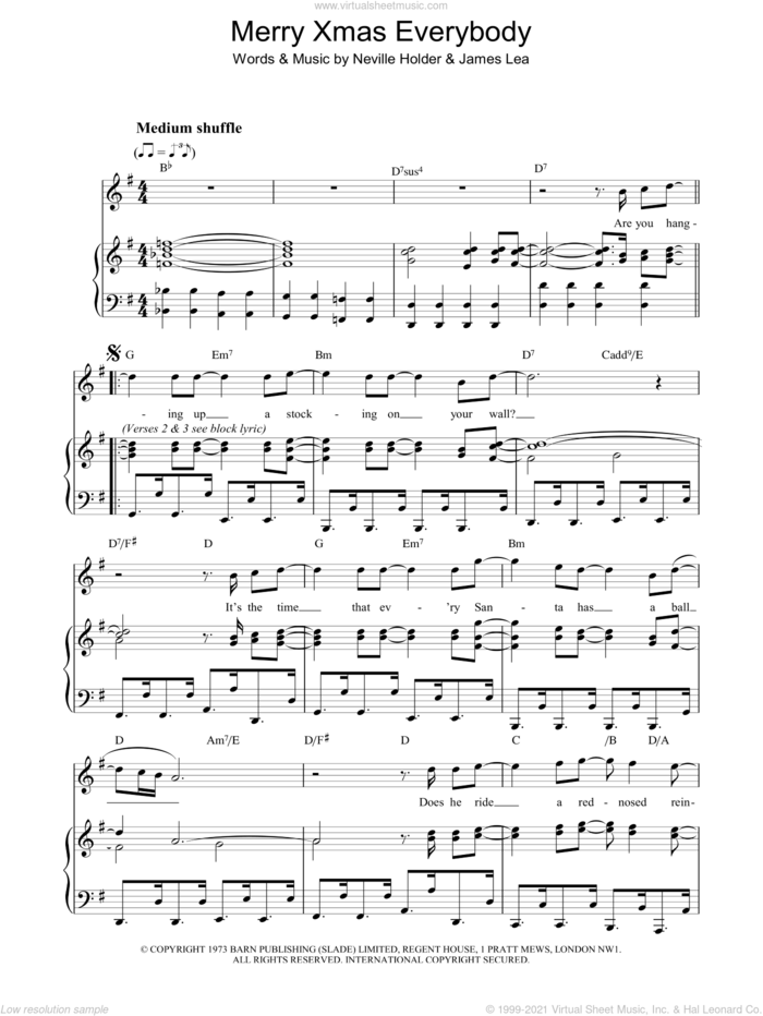 Merry Xmas Everybody sheet music for voice, piano or guitar by Slade, James Lea and Neville Holder, intermediate skill level