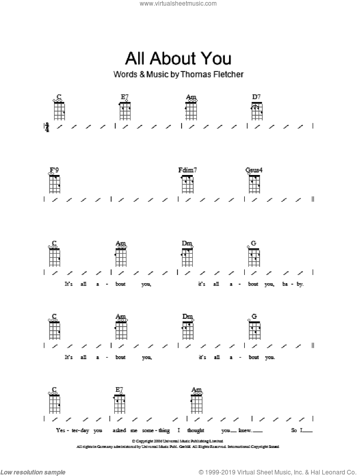 All About You sheet music for ukulele (chords) by McFly and Thomas Fletcher, intermediate skill level
