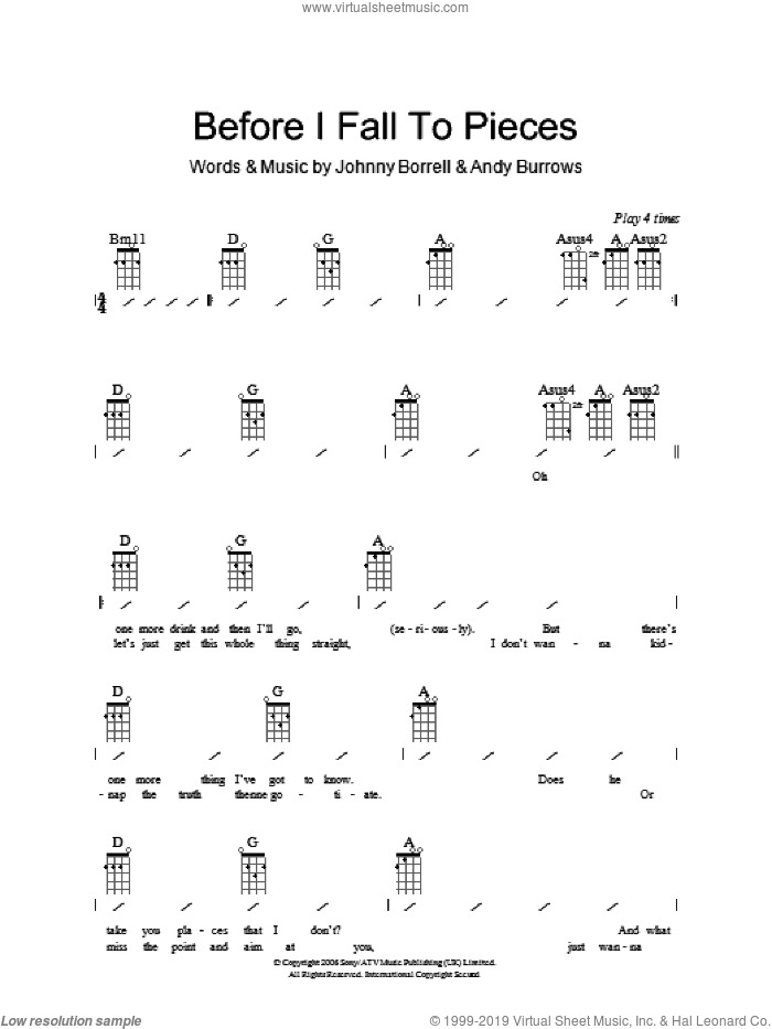 Before I Fall To Pieces sheet music for ukulele (chords) by Razorlight, Andy Burrows and Johnny Borrell, intermediate skill level