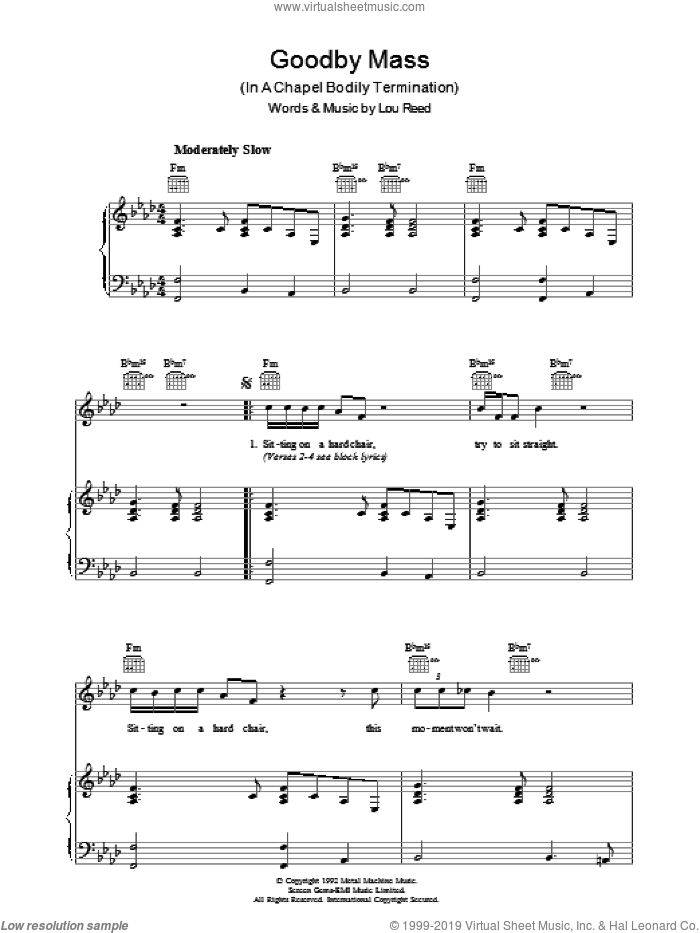 Goodby Mass sheet music for voice, piano or guitar by Lou Reed, intermediate skill level