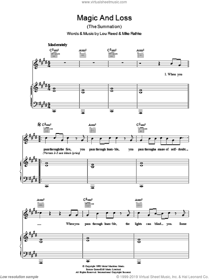 Magic And Loss sheet music for voice, piano or guitar by Lou Reed and Michael Rathke, intermediate skill level