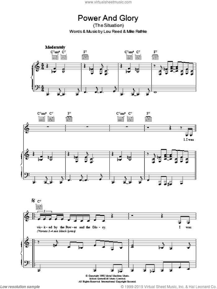 Power And Glory sheet music for voice, piano or guitar by Lou Reed and Michael Rathke, intermediate skill level
