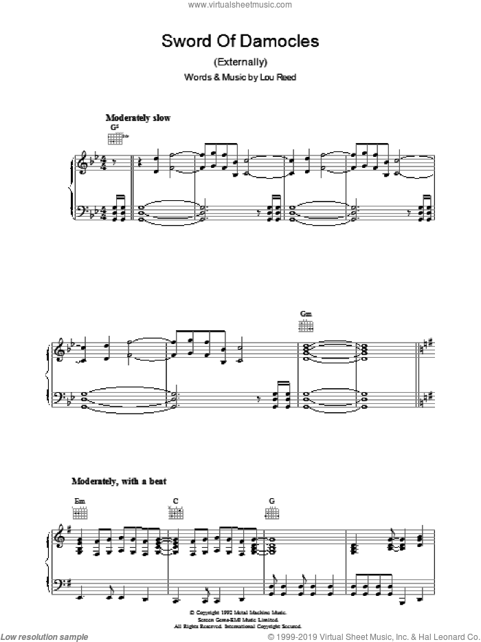Sword Of Damocles sheet music for voice, piano or guitar by Lou Reed, intermediate skill level