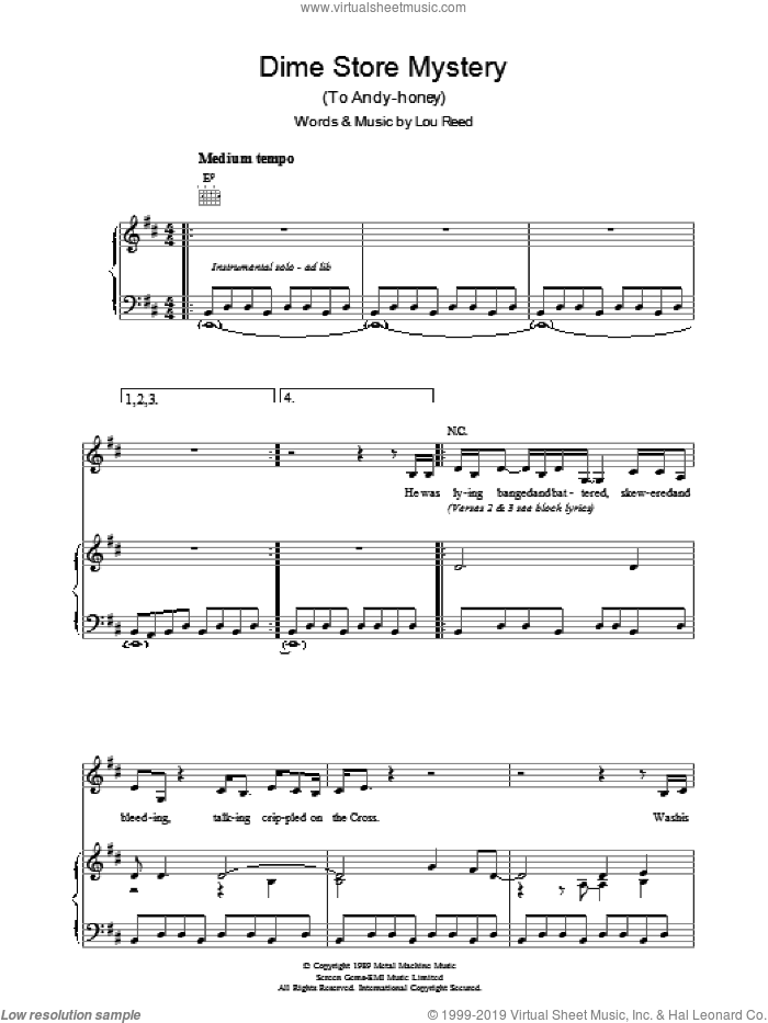 Dime Store Mystery sheet music for voice, piano or guitar by Lou Reed, intermediate skill level