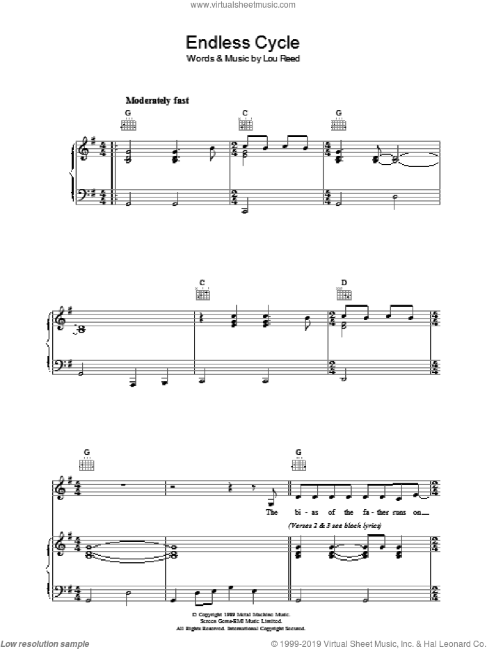 Endless Cycle sheet music for voice, piano or guitar by Lou Reed, intermediate skill level