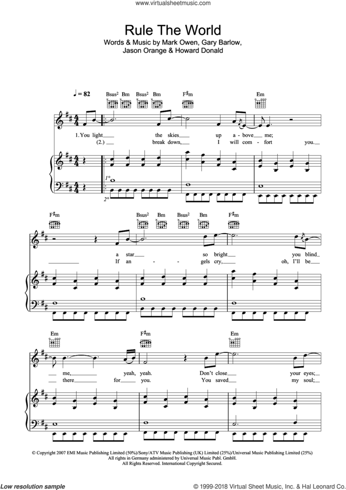 Rule The World (from Stardust) sheet music for voice, piano or guitar by Take That, Gary Barlow, Howard Donald, Jason Orange and Mark Owen, intermediate skill level