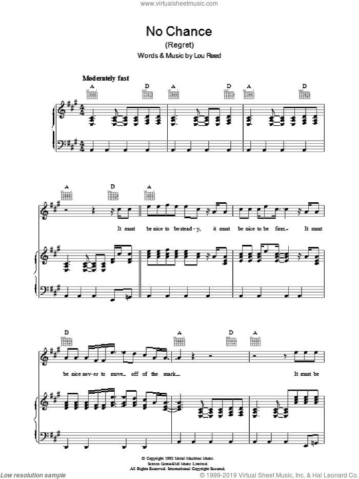 No Chance sheet music for voice, piano or guitar by Lou Reed, intermediate skill level
