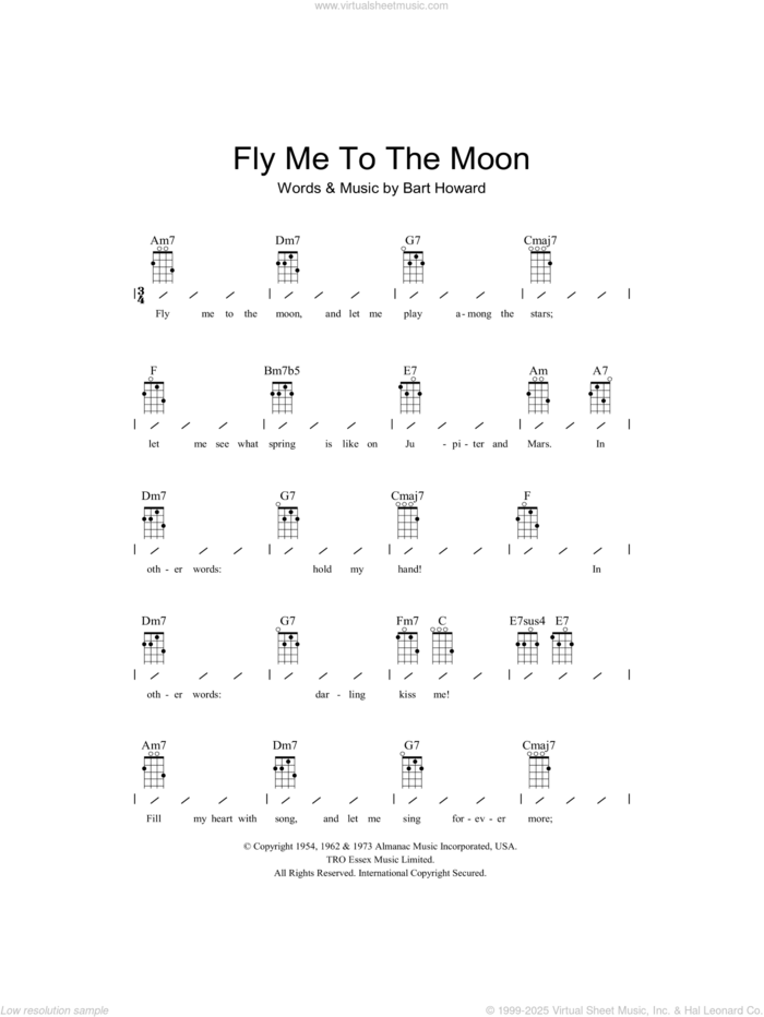 Fly Me To The Moon (In Other Words) sheet music for ukulele (chords) by Frank Sinatra and Bart Howard, wedding score, intermediate skill level