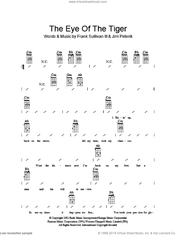 Eye Of The Tiger sheet music for ukulele (chords) by Survivor, Frank Sullivan and Jim Peterik, intermediate skill level