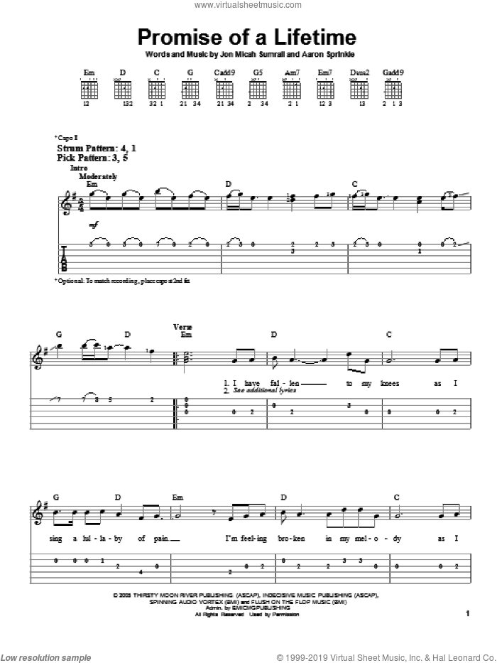 Promise Of A Lifetime sheet music for guitar solo (easy tablature) by Kutless, Aaron Sprinkle and Jon Micah Sumrall, easy guitar (easy tablature)
