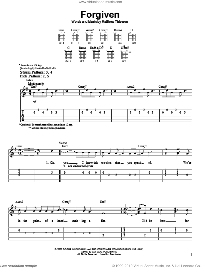 Forgiven sheet music for guitar solo (easy tablature) by Relient K and Matthew Thiessen, easy guitar (easy tablature)