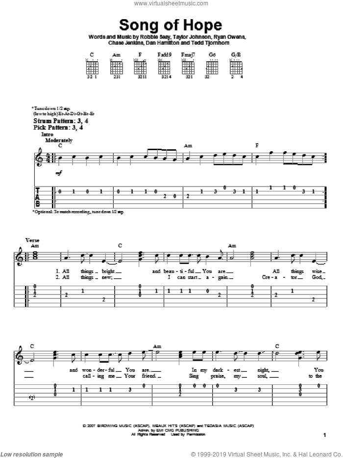 Song Of Hope sheet music for guitar solo (easy tablature) by Robbie Seay Band, Chase Jenkins, Dan Hamilton, Robbie Seay, Ryan Owens, Taylor Johnson and Tedd Tjornhom, easy guitar (easy tablature)