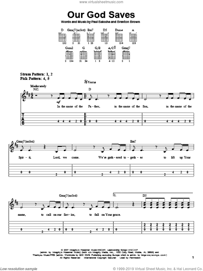 Our God Saves sheet music for guitar solo (easy tablature) by Paul Baloche and Brenton Brown, easy guitar (easy tablature)