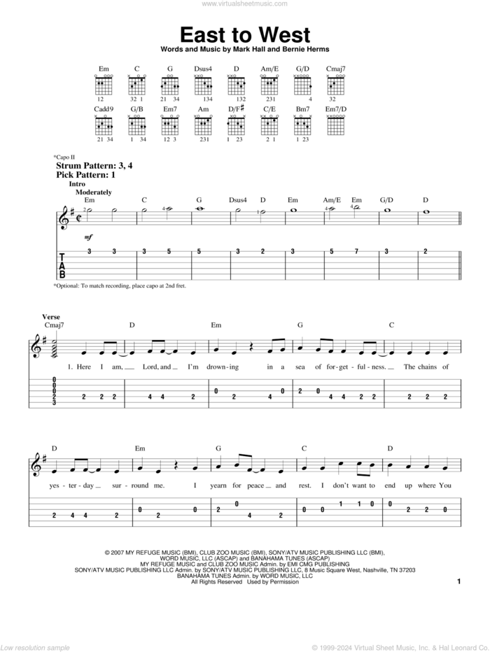 East To West sheet music for guitar solo (easy tablature) by Casting Crowns, Bernie Herms and Mark Hall, easy guitar (easy tablature)